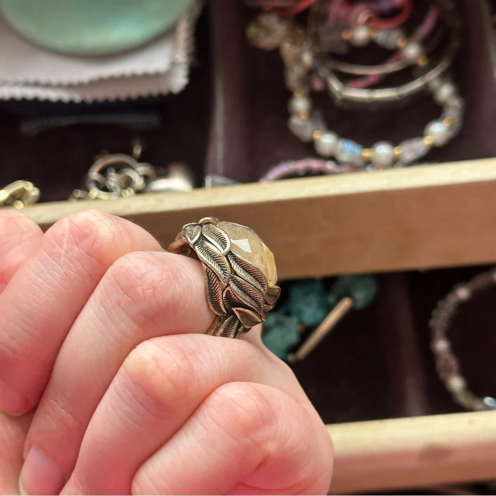 Vintage Bronze Rutilated Quartz Large Cocktail Ring Adjustable Band Gold Toned
